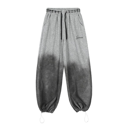 Gradient Color Block Casual Pants Hip Hop Distressed Embroidered Sweatpants Men's Loose Straight Drawstring Long Pants
