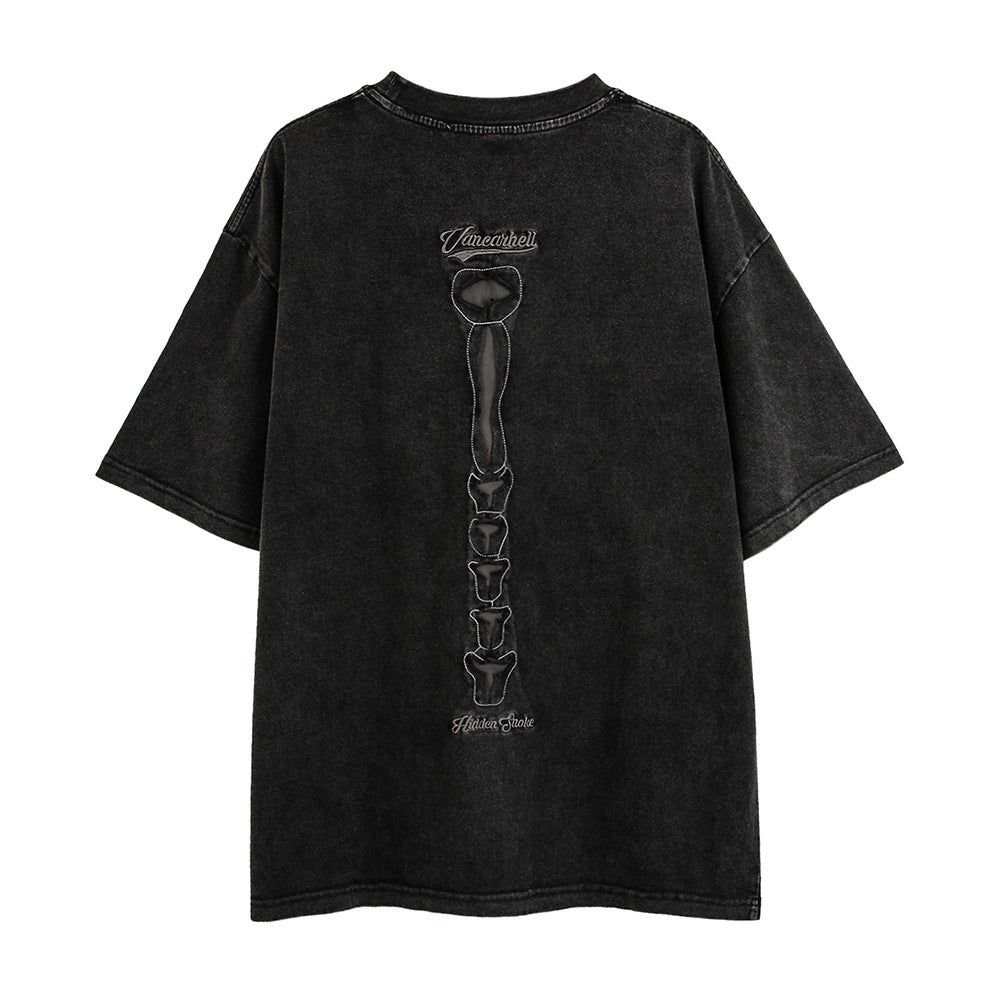 Hollow-out Skull Skeleton Short Sleeve T-Shirt Men's High Street Small Batch Vintage Washed Half Sleeve Top Summer