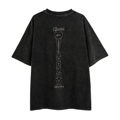 Hollow-out Skull Skeleton Short Sleeve T-Shirt Men's High Street Small Batch Vintage Washed Half Sleeve Top Summer