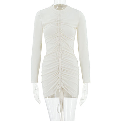 Stand up collar pleated long sleeved pleated solid color short dress