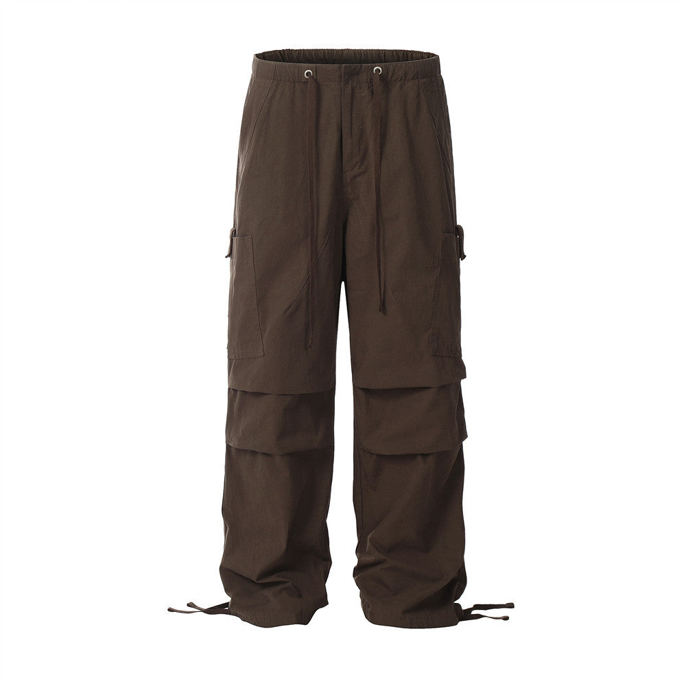 Trendy Solid Color Pleated Paratrooper Casual Straight Leg Long Pants Men's Work Pants American Style Sport Loose Drawstring Cuffed Trousers