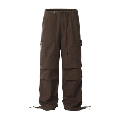 Trendy Solid Color Pleated Paratrooper Casual Straight Leg Long Pants Men's Work Pants American Style Sport Loose Drawstring Cuffed Trousers