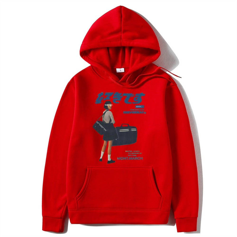 Japanese character printed casual hoodie for men and women, loose couple hooded hoodie