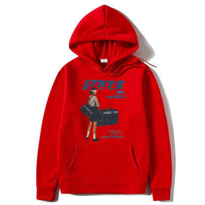 Japanese character printed casual hoodie for men and women, loose couple hooded hoodie