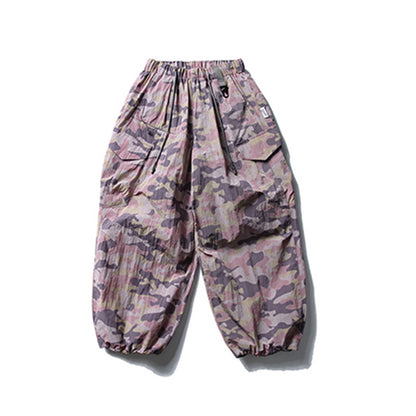 High Street Workwear Wide-Leg Camouflage Pants Men's Long Pants Design Pleated Tie-Dye Camouflage Drawstring Cuffed Trousers Trendy