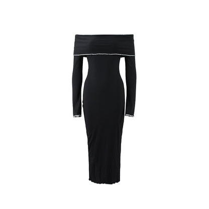 One line shawl long sleeved slim fit black fungus edge temperament dress
