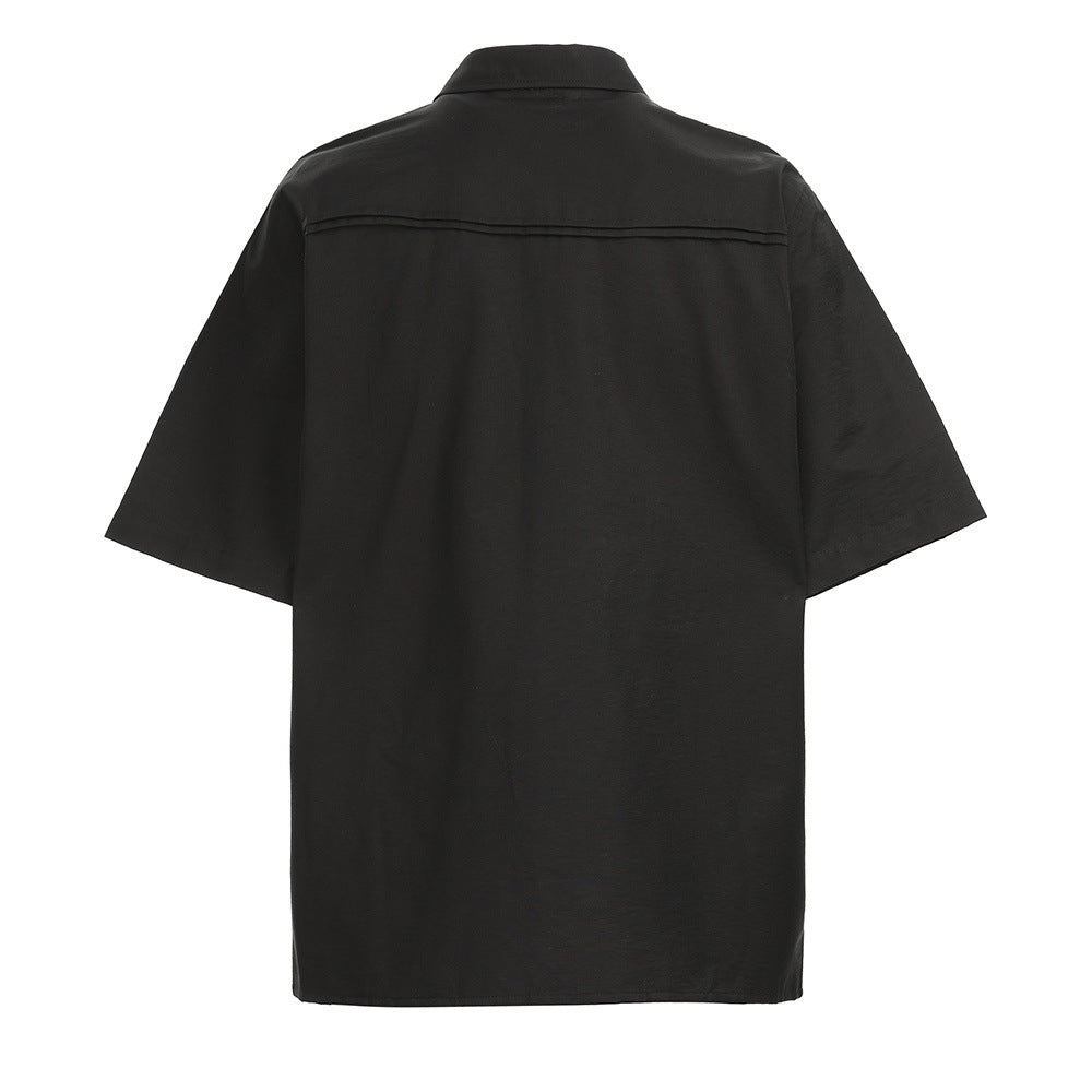 Eternal Flower Embroidered Short Sleeve Shirt Men's Summer Unique Design Pleated Solid Color Inner Wear Notched Lapel Open Front Blouse