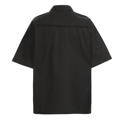 Eternal Flower Embroidered Short Sleeve Shirt Men's Summer Unique Design Pleated Solid Color Inner Wear Notched Lapel Open Front Blouse