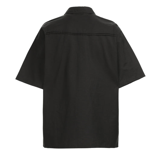 Eternal Flower Embroidered Short Sleeve Shirt Men's Summer Unique Design Pleated Solid Color Inner Wear Notched Lapel Open Front Blouse