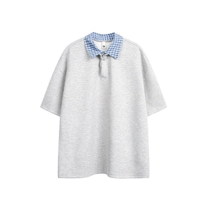 Checkered patchwork lapel fake two loose half sleeved polo shirts