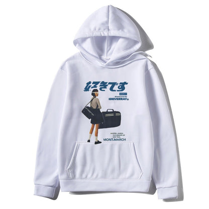 Japanese character printed casual hoodie for men and women, loose couple hooded hoodie