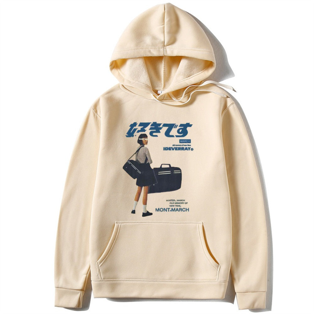 Japanese character printed casual hoodie for men and women, loose couple hooded hoodie