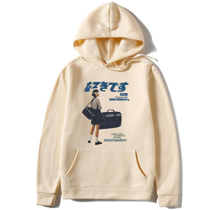 Japanese character printed casual hoodie for men and women, loose couple hooded hoodie