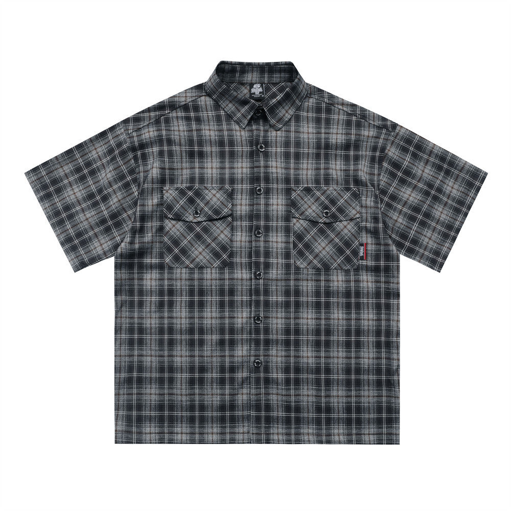 Gothic Letter Embroidery Plaid Short Sleeve Shirt Men's Vintage Street Fashion Workwear Checkered Collar Loose Fit