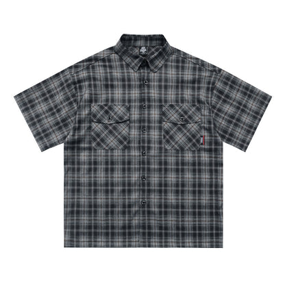 Gothic Letter Embroidery Plaid Short Sleeve Shirt Men's Vintage Street Fashion Workwear Checkered Collar Loose Fit