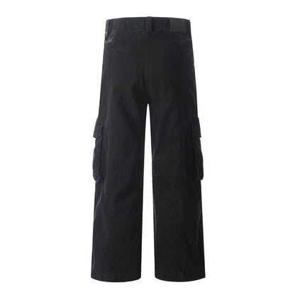 High Street Wide-Leg Work Pants Men's Vibe Trendy Pleated Multi-Pocket Design Solid Color Loose Straight Leg Long Pants