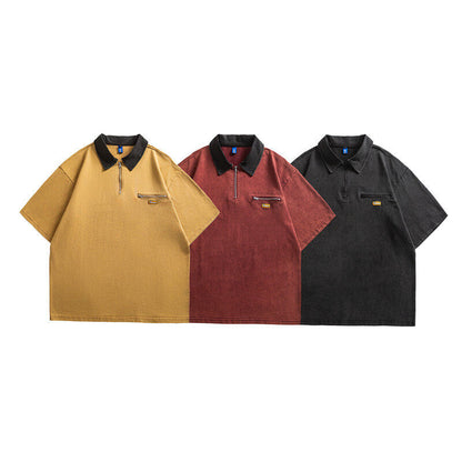 Splicing loose half zipper short sleeved polo shirt for men and women