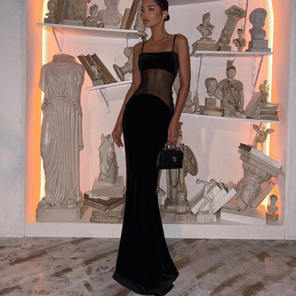 Strap perspective sexy and hot fashionable low cut suspender fish tail dress