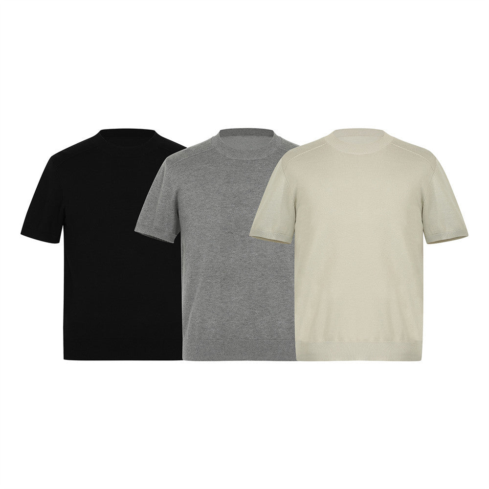 Regular Shoulder Knit Short Sleeve T-Shirt Men's Simple Solid Color Versatile Fitted Crew Neck Inner Layer Base Shirt INS Trendy Brand