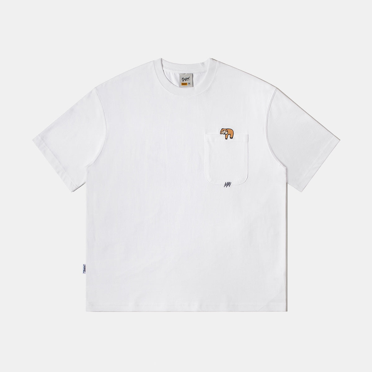 Cartoon embroidered pocket round neck men's loose short sleeved shirt