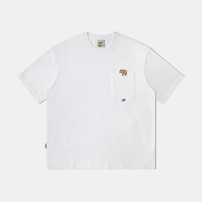 Cartoon embroidered pocket round neck men's loose short sleeved shirt