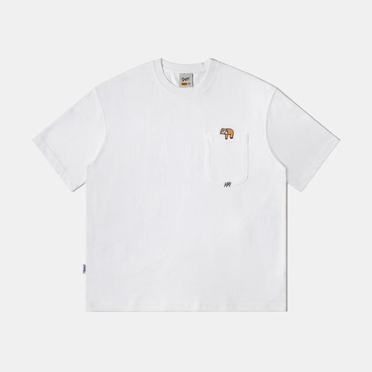 Cartoon embroidered pocket round neck men's loose short sleeved shirt