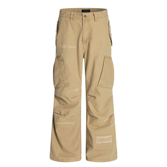 High Street Design Multi-Pocket Workwear Long Pants Men's Vibe Trendy Ripped Patch Pleated Loose Wide-Leg Pants
