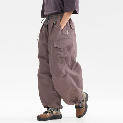 Urban Functional Style Sports Cargo Casual Trousers Unisex Drawstring Cuffed Loose Pants Pleated Design Sense