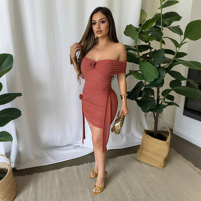 One-Shoulder Solid Color Bodycon Dress Short Skirt Women's Clothing