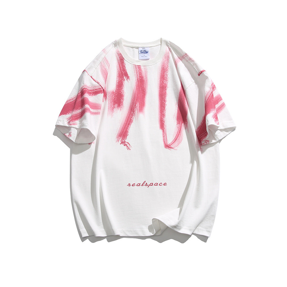 Color blocking street tie dye letter printed T-shirt for men and women