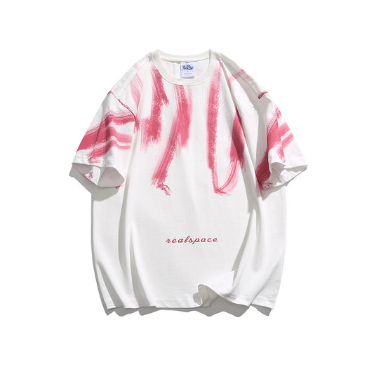 Color blocking street tie dye letter printed T-shirt for men and women