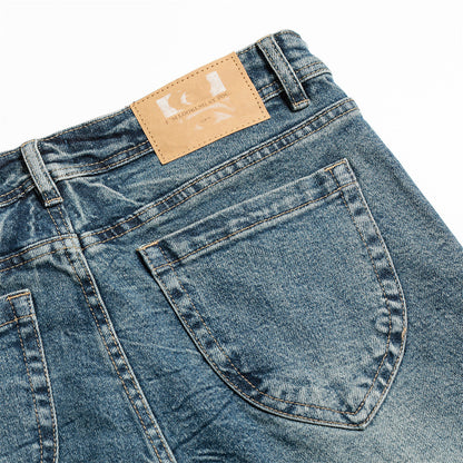 Style Vintage Washed Denim Flare Pants Men's Long Trousers with Unique Pocket Design and Slim Fit