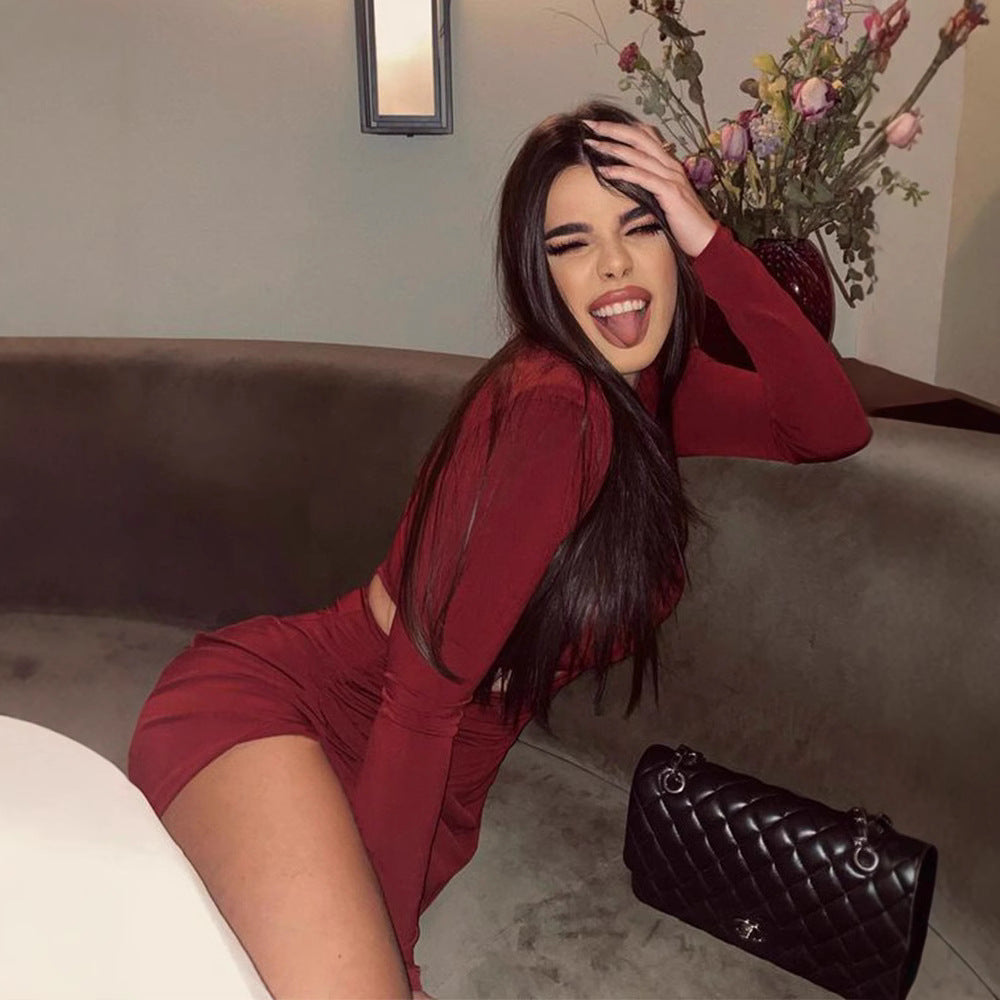 Temperament Half High Collar Long Sleeve Split Waist Dress