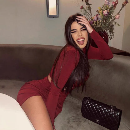 Temperament Half High Collar Long Sleeve Split Waist Dress