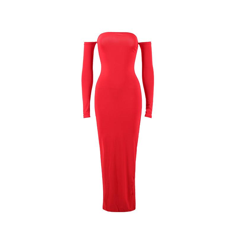 Sexy strapless sleeveless slim slit off off shoulder dress with an open shoulder style