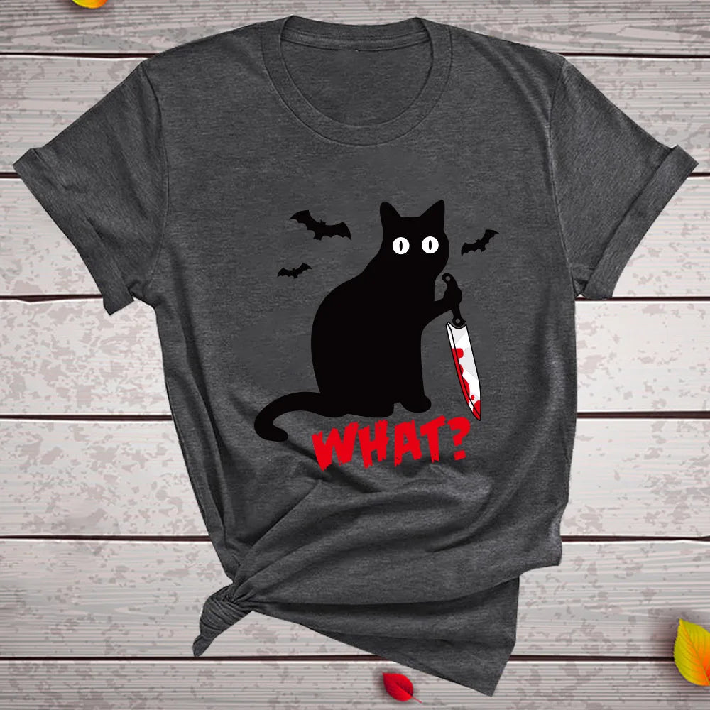 Black Cat What Tshirt Murderous Cat Knife Women Funny T Shirt Short Sleeve Halloween Tops Tees