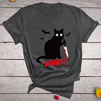 Black Cat What Tshirt Murderous Cat Knife Women Funny T Shirt Short Sleeve Halloween Tops Tees