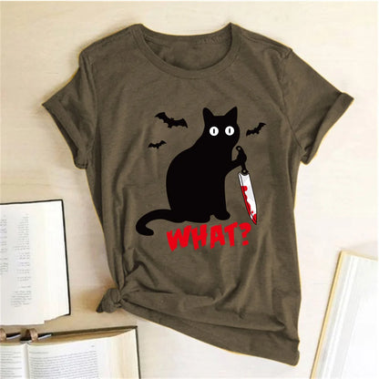 Black Cat What Tshirt Murderous Cat Knife Women Funny T Shirt Short Sleeve Halloween Tops Tees