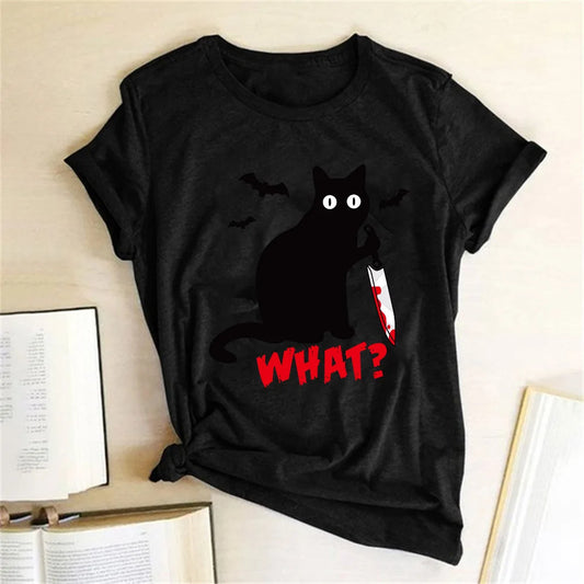Black Cat What Tshirt Murderous Cat Knife Women Funny T Shirt Short Sleeve Halloween Tops Tees