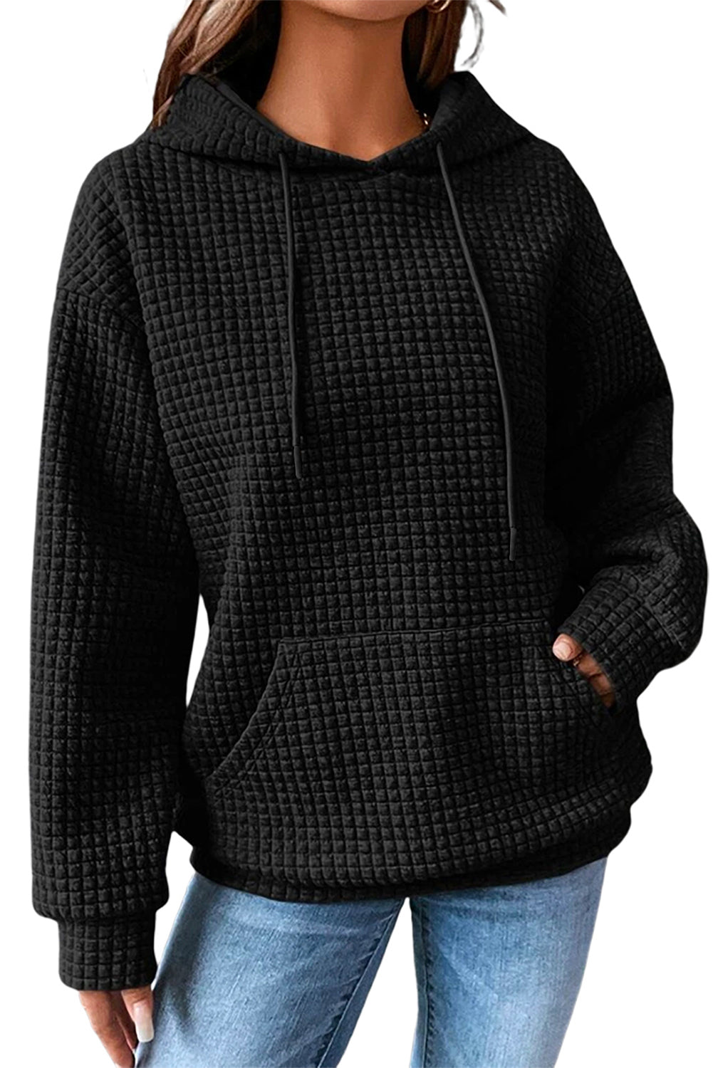 Fiery Red Quilted Kangaroo Pocket Drawstring Hoodie